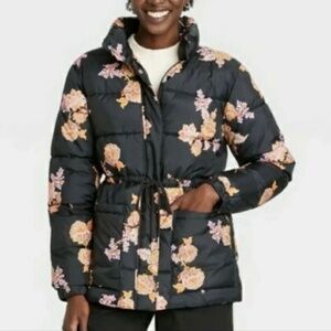 Black Floral Paisley Puffer Jacket M 💐